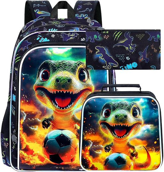 3Pcs Dinosaur Backpack for Boy, 16" Soccer Bookbag for Elementary Preschool Kindergarten, Kids School Backpacks with Lunch Box (Black)