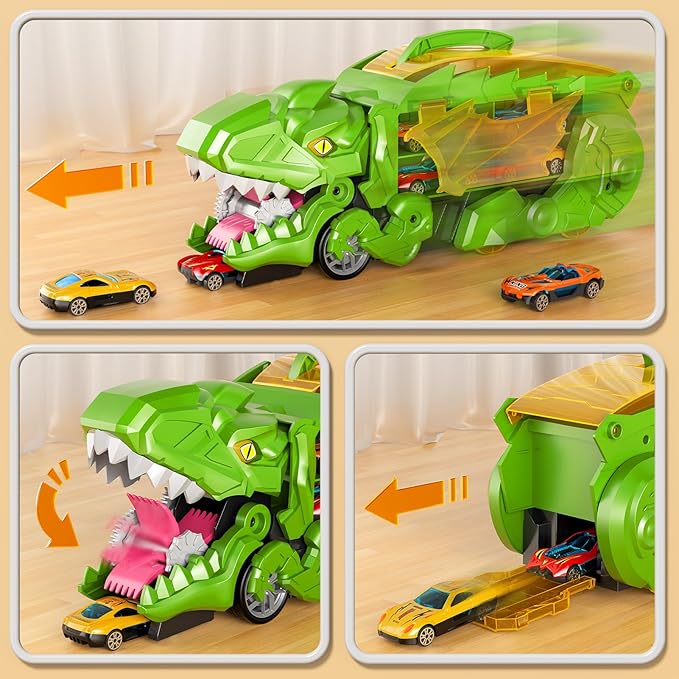 Toddler Truck Toys for 3 4 5 6 Years Old Boys, Toys Cars Track Set Dinosaur Transporter Truck with 10 Die-Cast Car Toys, Toddler Car Toys Gift Set for Kids Boys Girls