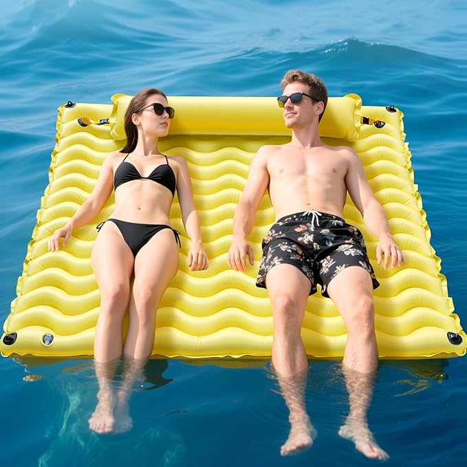 Inflatable Floating Mat/Raft/Dock/Platform, Float with Non-Slip Wave Pattern and Dual Headrest, Multi-Person Water Floating for Pool, Beach, Lake, River, and Ocean Fun