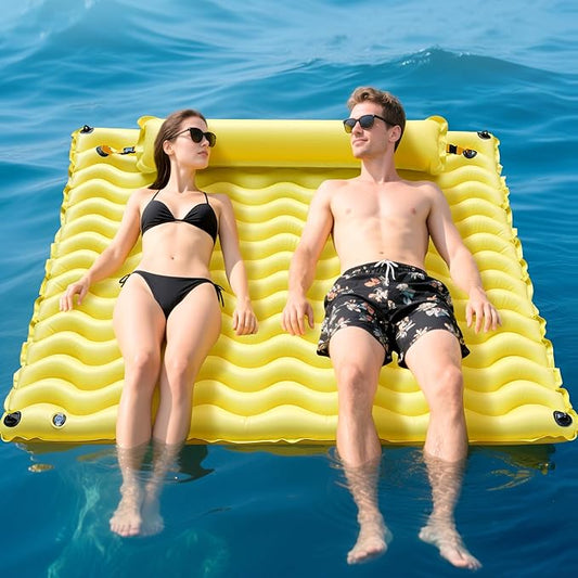 Inflatable Floating Mat/Raft/Dock/Platform, Float with Non-Slip Wave Pattern and Dual Headrest, Multi-Person Water Floating for Pool, Beach, Lake, River, and Ocean Fun