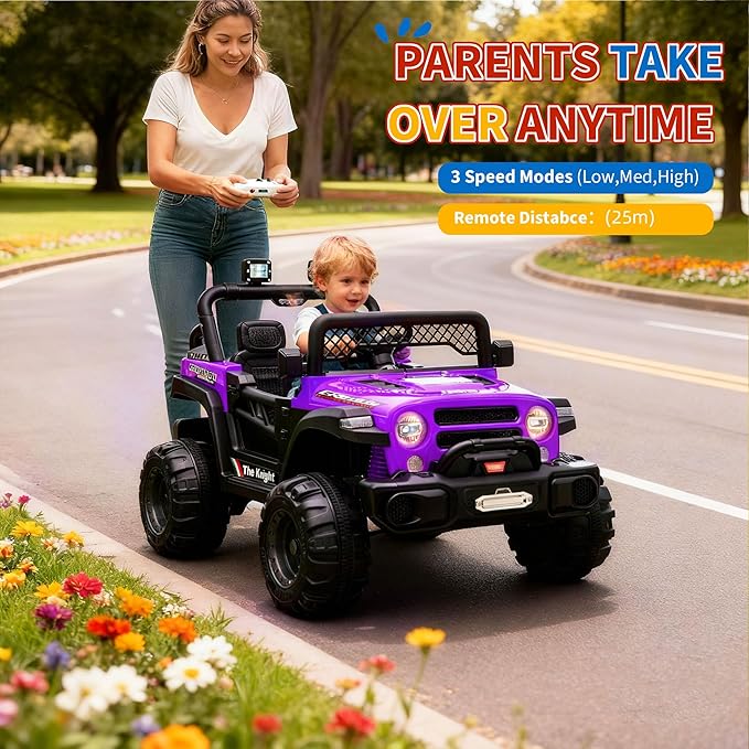 12V Kids Electric Ride on Truck，Parent Remote Control Car for Kids| Features 3 Speeds to 6MPH, 2 * 550w Moto, Spring Suspension, LED Lights, Music | for Children Aged 2-8 Years，Purple