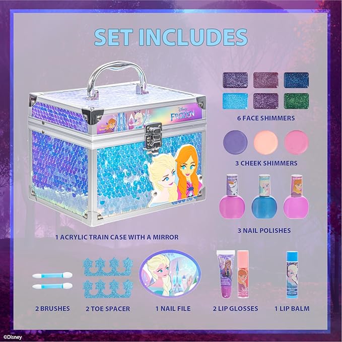 Disney Frozen Train Case Beauty Set, Kids Makeup Kit for Girls, Real Washable Makeup Set, Play Makeup, Party Favor, Birthday, Ages 3 4 5 6 7 8 9 10 11 12 by Townley Girl