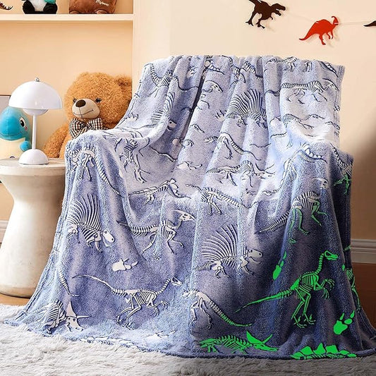 Wajade Dino Gifts Toys for Boys Girls - Glow in The Dark Dinosaur Blanket Birthday Christmas Decor for Kids Age 3 4 5 6 7 8 9 10 11 12 Years Old Teens Child Toddler Throw Blue 60"x80"
