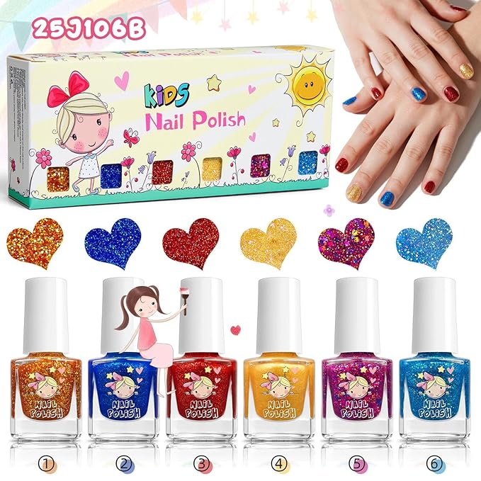 Washable Nail Set - 6-Color Kids Polish, Children Manicure with Odorless Formula, Party Beauty with Quick Dry, Girls Cosmetic Kit, Makeup Gift for Birthday Gathering Daily Use