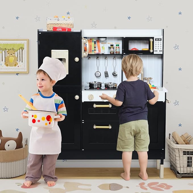 Play Kitchen for Kids, Wooden Kids Kitchen Playset with Realistic Sounds, Children Pretend Toy Kitchen Playset w/Stove, Oven & Ice Maker, Little Chef Play Kitchen for Girls and Boys, Black