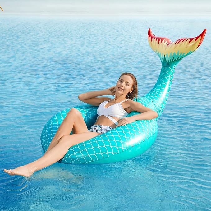 Jasonwell Giant Inflatable Mermaid Tail Pool Float with Fast Valves Pool Floaties Tube Summer Beach Swimming Pool Party Lounge Raft Water Floaty Decorations Toys for Adults Kids Green L