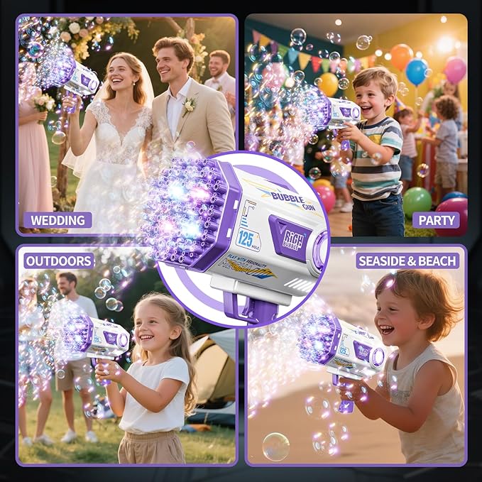 Bubble Gun, 125 Holes Bubble Machine Gun, Bubble Blaster Gun for Kids, Rechargeable Bubble Gun with Bubble Solution, Halloween Toy Party Favors Bubble Maker for Wedding Birthday (Purple)