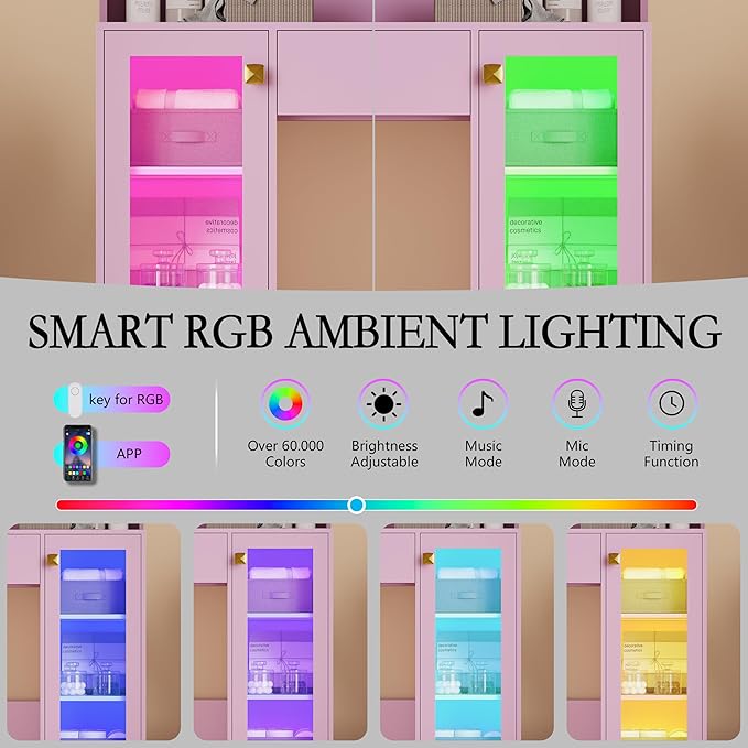 Vanity Desk with Mirror and Lights, Small Makeup Vanity Table with RGB Storage Cabinet & Power Strips & Shelves, 3 Lighting Modes & Adjustable Brightness, Dressing Table for Women Girl Bedroom, Purple