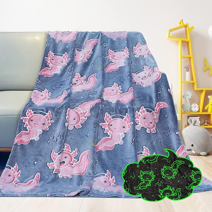 Axolotl Blanket Glow in The Dark for Girls - Pink Axolotl Gifts for Teens Girls, Salamander Soft Blankets Cute Cozy Plush Toys for Kids Boys, Lightweight Fleece Throws for Couch & Bed Decor 50x60inch