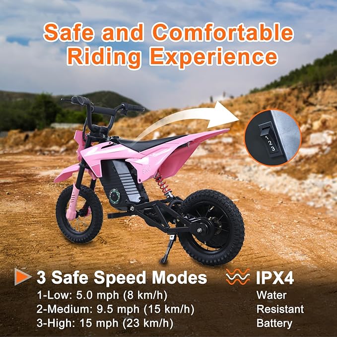 EK2 Kids Electric Dirt Bike, 350W Motor, 15 MPH Max Speed, 36V 5.2Ah Lithium Battery 12 Miles Max Range, Electric Motorcycle for Kids Aged 5-10, Pink