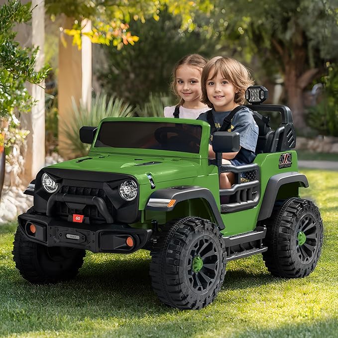 2 Seater Ride on Car Toy, 12V Electric Car for Kids 4-8 with Remote Control, Capacity 150 lb, LED Light - Army Green