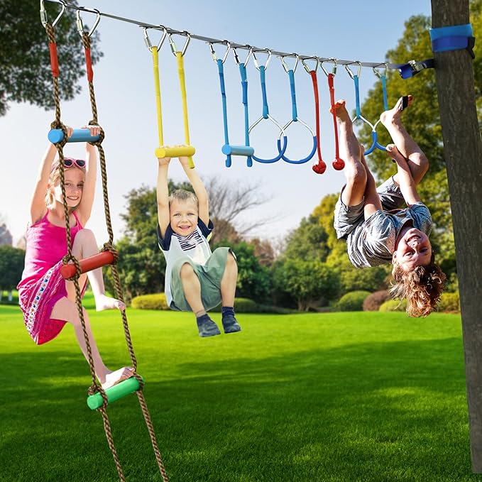 2x56FT Ninja Warrior Obstacle Course for Kids, Ninja Slackline with 11 Accessories, Slackline Kit with Pulley, Rope Ladder, Monkey Bar,Arm Trainer, Climbing Rope