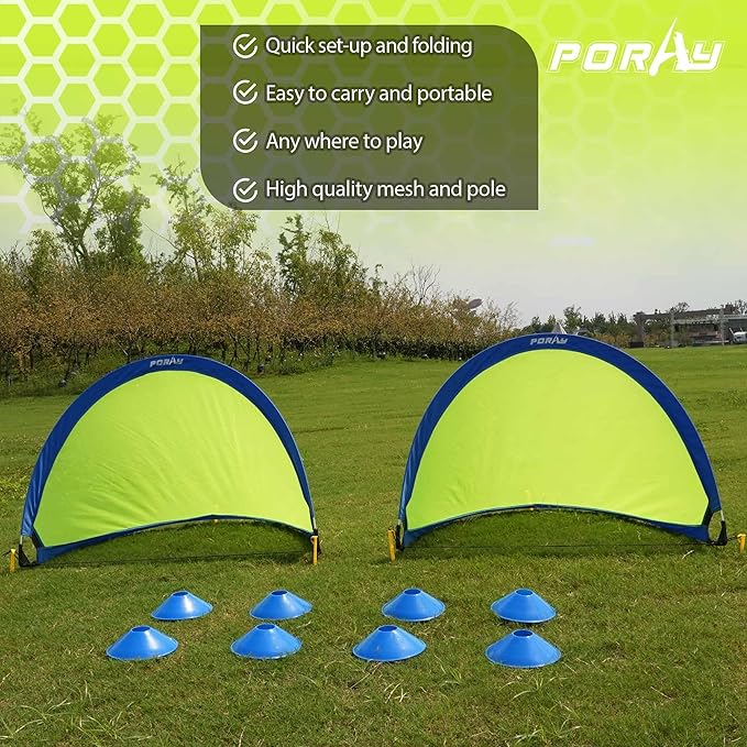 Poray Soccer Goal for Kid Easy-up Set of Two Portable Soccer Net 210D Oxford with 8 Field Marker Cones Extra Stakes Fun for Backyard and Soccer Training