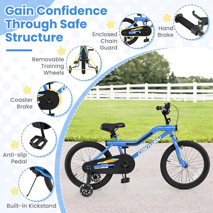 COSTWAY 16”/18” Lighted Kids Bike, Children Sport Bicycle with LED Light-up Frame, Adjustable Saddle, Training Wheels, Handbrake & Coaster Brake, Kids Riding Bike for 4-7/4-8 Years Old Boys & Girls