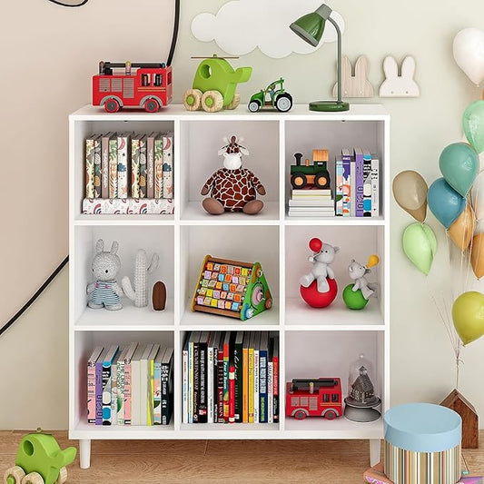 9 Cube Storage Organizer | White Bookshelf|3 Shelf Bookcase |Long Bookshelf| -Cubic Storage Cabinet（Storing Books,Toys & More Easy to Install）