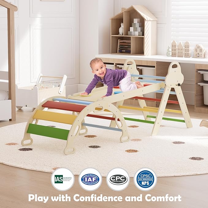 Pikler Triangle Set 7in1 Toddler Climbing Toys Indoor Foldable Baby Climbing Toys Wooden Montessori Climbing Set with Arch, Ramp, Ladder for 1-3 Years, Jungle Gym for Kids