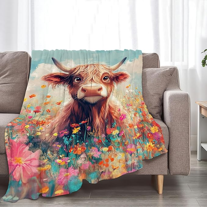 Highland Cow Blanket Cute Cattle Throw Blankets for Girls Boys Women Men Gifts Plush Cozy Flannel Fleece Fuzzy Flower Blanket for Bed Couch Sofa 50"X40"