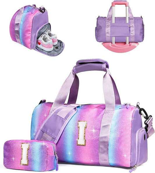 Birthday Gifts for Kid-Girl Gym Bag with Shoe Compartment, Kid Personalized Weekender Overnight Bags, Initial Travel Tote with Makeup Pouch Christmas Gifts for Kids (Letter I)