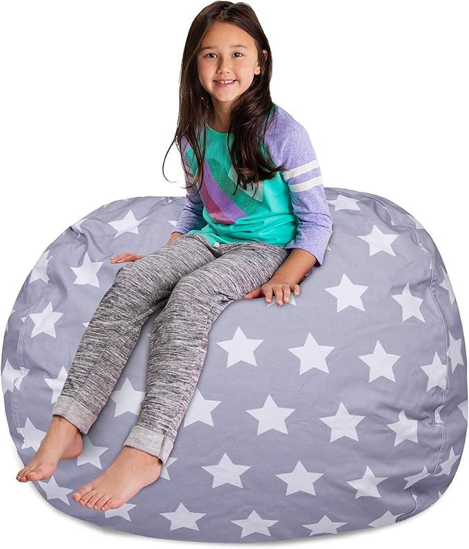Posh Creations Kids Stuffed Animal Storage Bean Bag Chair Cover - Childrens Toy Organizer, X-Large-48in, Canvas White Stars on Gray
