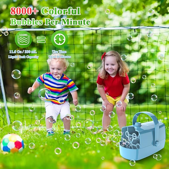 Bubble Machine, 3-in-1 Bubble Maker, Automatic Bubble Blower with 3 Bubble Wands, 8000+ Colorful Bubbles for Kids Toddlers, Operated by Plug-in or Batteries for Indoor Outdoor Birthday Party
