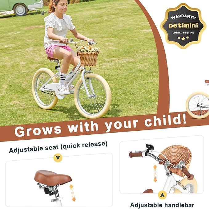 Petimini Girls Bike with Basket for 2-12 Years Old Kids, 12 14 16 18 20 Inch Bicycle with Bell Training Wheels Basket, Multiple Colors