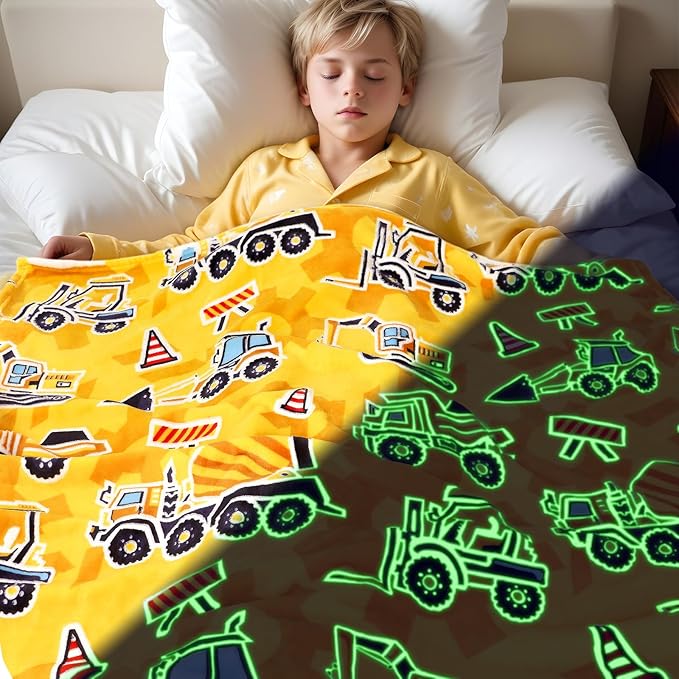 Excavator Blanket Construction Gifts for Kids Glow in The Dark Truck Blanket Soft Tractor Toys Throw Blankets Boys Car Theme Decor Blankets 60"×80"