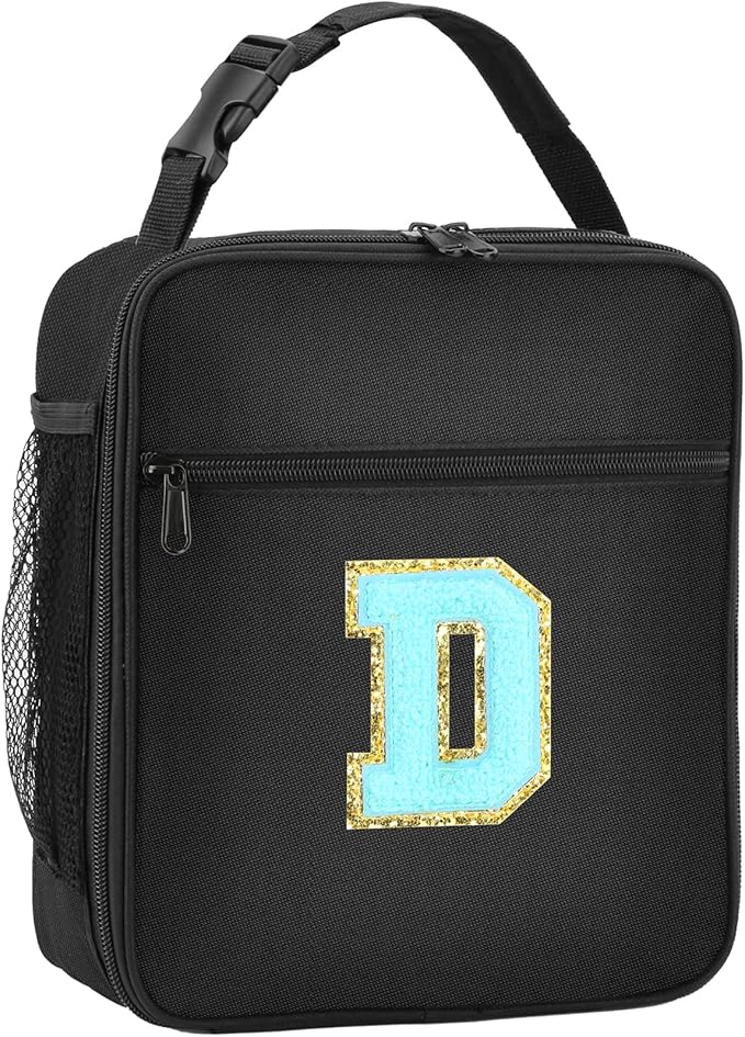 Initial Insulated Lunch Bag, Lunch Box with Initial Letter Patch for Teen Adult, Reusable Lunch Bag for Men Women, Ideal Back to School Gift Birthday Gift, Blue D