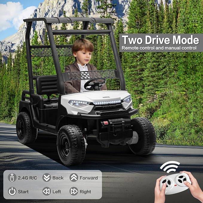 24V 2 Seater Kids Ride on Car, 4WD Golf Cart with Parent Remote Control, 4x4 Motors Ride on Truck with Roof, Toddler Electric Vehicle with Storage Box, Foot Pedal, Music Player, Lights, Horn, White