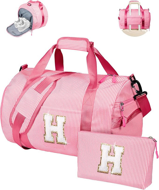 Gifts for Teenager, Girls Travel Duffle Bag, Kids Initial Overnight Bags with Shoe Compartment, Personalized Weekend Bag with Makeup Pouch, Gift for Cheerleader Girl (Letter H)