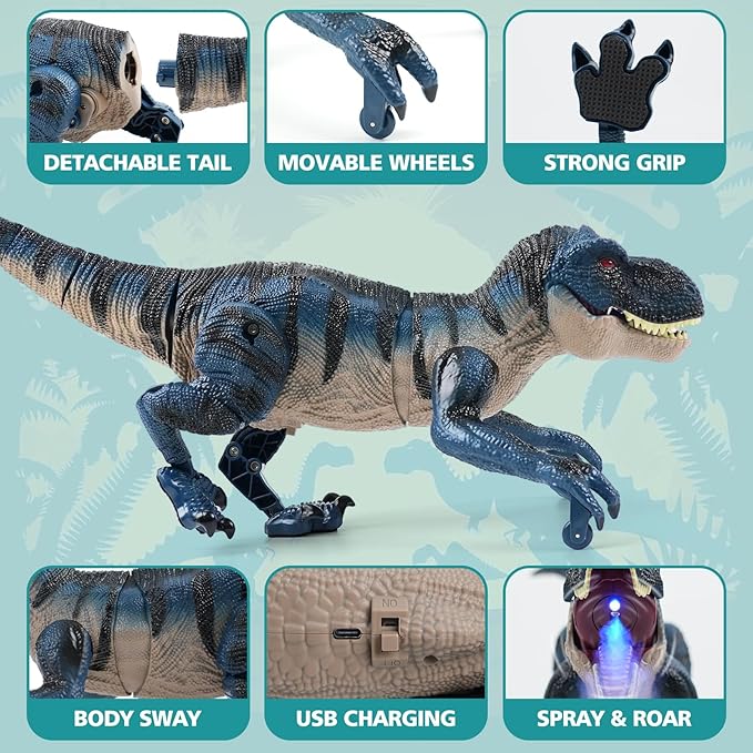 2.4GHz Remote Control Walking Dinosaur Toy for Kids - Birthday Gifts for Boys Ages 3-5 5-7 8-12, Interactive Dino with Roaring Sound, Cool Lights & Mist Spray