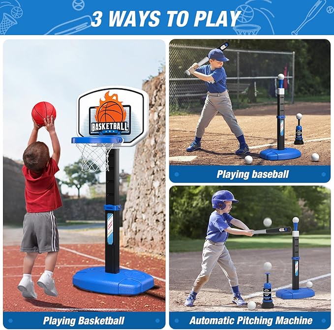 2 in 1 Toddler Basketball Hoop and T Ball Set with Automatic Pitching Machine - Adjustable Height, Kids Basketball Hoop Suit for Indoor/Outdoor, Sport Toys Gifts for Boys Age 3-5, Black