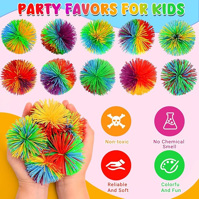 14PCS Stringy Balls, Sensory Stringy Ball, 2.75 inch Soft Rainbow Pom Bouncy, Stocking Stuffers for Kids, Monkey Pom Balls Fidget Toys Stress Ball, Birthday Gifts for Boys, Girls Ages 3+