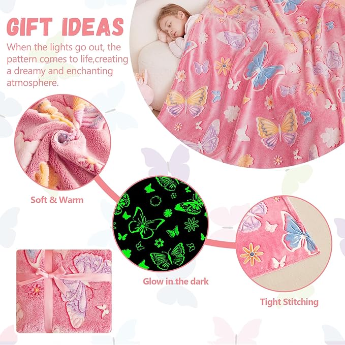 Glow in The Dark Blanket,Butterfly Gifts Toys for Girls, Birthday Presents Decor for Kids Age 3-14 Year Old Daughter Teen Child Toddler Luminous Christmas Bedroom Throw Blanket 50"x60"