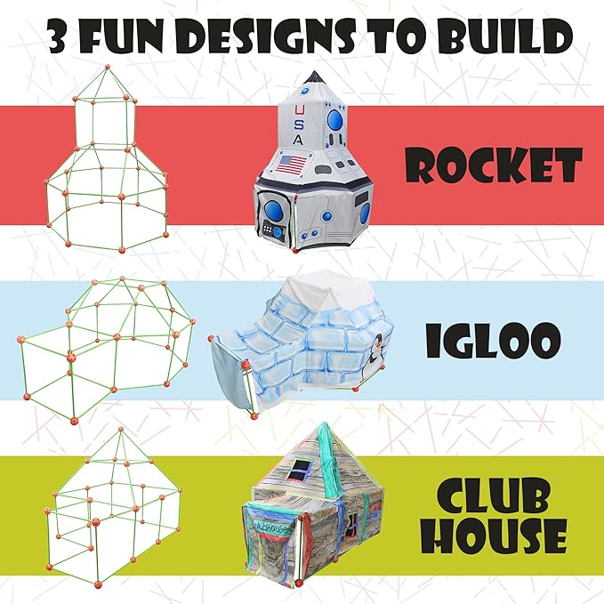 Ultimate Play Fort Kit (83-Piece Set), Stick and Ball Fort Building Kit w/ 3 Play Tent Covers