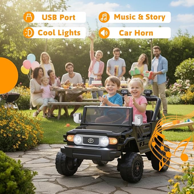24V Ride on Toys for Kids, Licensed Toyota FJ, 2 Seater Ride on Car with Remote Control, Electric Car w/ 4-Wheeler Suspension, Led Light, Music, USB, Electric Vehicle for Age 3-8, Black