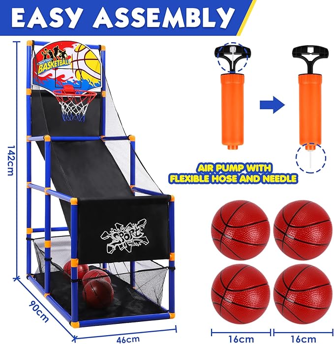 AOKESI Arcade Basketball Game Set for Kids, Toddler Basketball Hoop with 4 Balls Indoor and Outdoor Sports Toys Gifts for Boys Girls Aged 3-4 5-6 7-12 Years Old Adjustable Height Stand