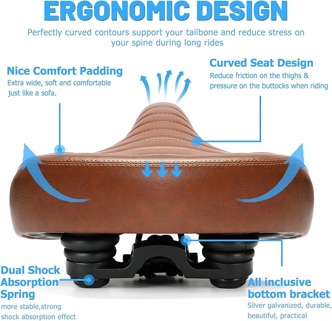 Wide Bike Seat for Men Women Comfort, Large Soft Padded Bicycle Seat Cushion, Oversized Comfortable Replacement Saddle for City & Mountain Bicycle, Beach Cruiser, Ebike, Scooter, Stationary Bike