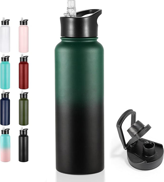 VEGOND 40 oz Insulated Water Bottle Stainless Steel Metal Water Bottles with Leak Proof Straw Lid & Spout Lid, Wide Mouth Double Walled Vacuum Travel Sports Bottle, Dark Green Black