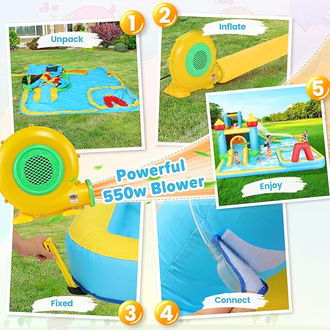 AKEYDIY Bounce House Water Slide, Inflatable Water Slide Park with with Long Slide, Pool, Climbing Wall, Water Gun for Outdoor, Blow up Water Slides Bounce House Castle for Kids Backyard Party Gifts