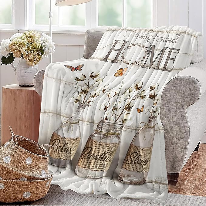 Farmhouse Floral Blanket for Women Girls Ultra Soft Cozy Cotton Flower Throw Blanket Fleece Fuzzy Plush Bedding Blanket Flower Gifts for Women Girls Kids Adults Couch Sofa 50"x40"