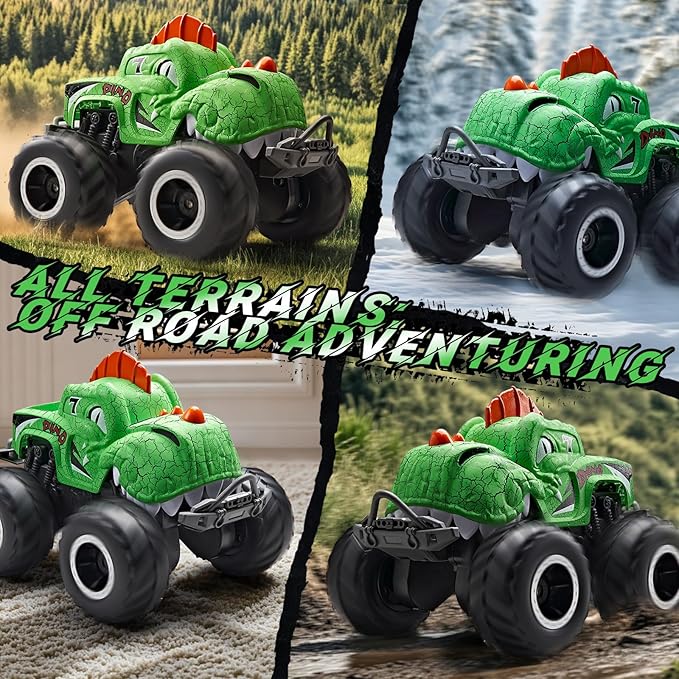 Monster Truck Toys, 1:20 Waterproof Dinosaur Monster Trucks for Boys Age 4-7, 2.4GHz All Terrain RC Cars with 2 Batteries, 360° Rotating Stunt RC Car Toy Birthday Gift for Kids 3-5
