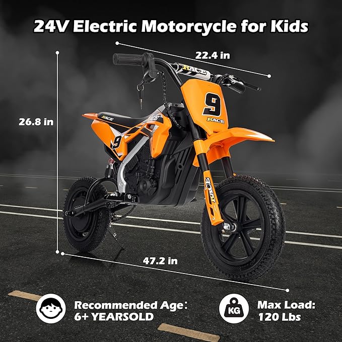 24V Electric Dirt Bike for Kids, 250W Electric Motorcycle Up to 11 MPH & 10 Miles Long-Range, Twist-Grip Throttle, 12" Knobby Tires, Spring Suspension, Music, Orange (Without Cover)