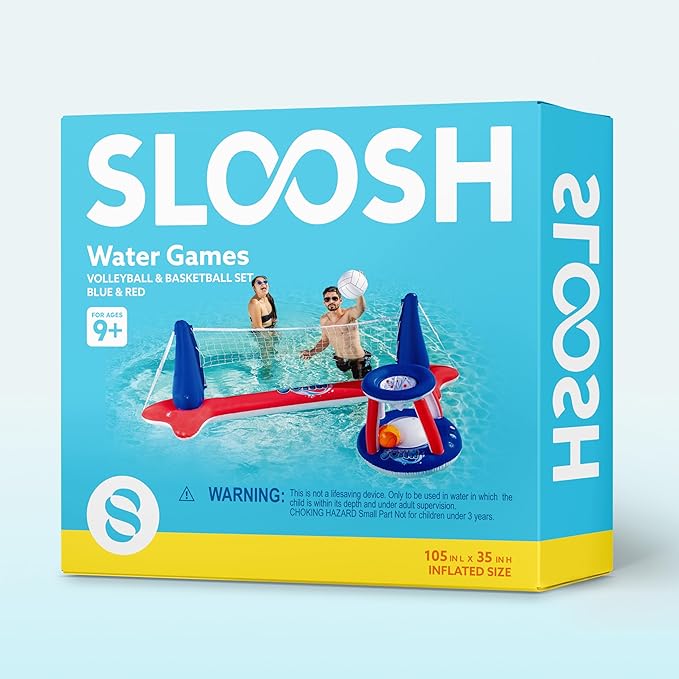 JOYIN Inflatable Pool Float Set Volleyball Net & Basketball Hoops, Balls Included for Kids and Adults Swimming Game Toy, Summer Floaties, Volleyball Court |Basketball,L-Red