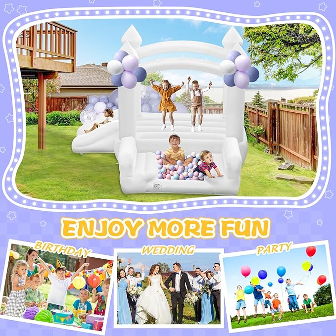 White Bounce House for Kids 3-8, Large Inflatable Bouncy House with Air Blower Slide Ball Pit Jumping 100 Balloons, Bouncy Castle for Party Birthday Wedding Event Indoor Outdoor (10x6x6FT)