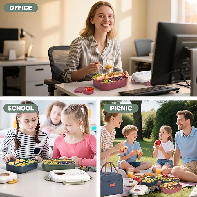 Lunch Box for Women & Adults - Kid-Friendly 37.2oz 3-Compartment Bento Box with Thick Insulated Lunch Bag, Leak-Proof with Sauce Container, Built-in Utensil Set, Dishwasher Safe (Green)