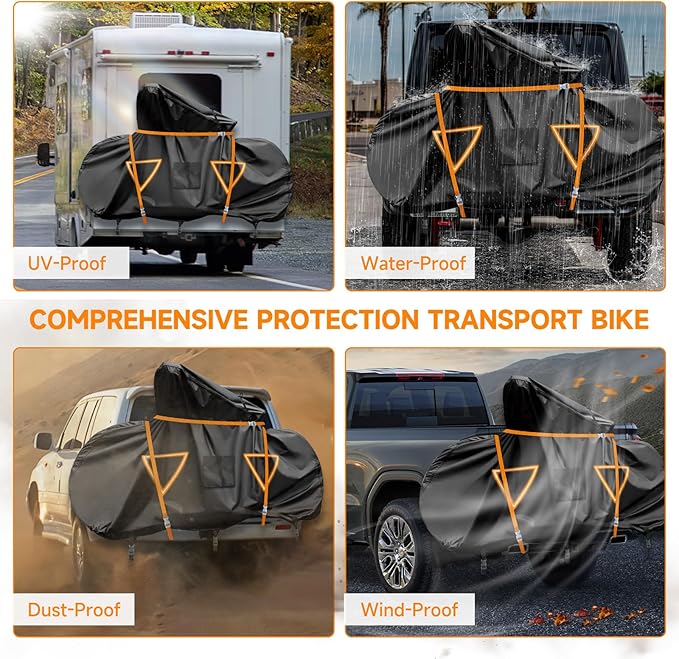 NEVERLAND Bike Cover for Transport on Rack, Bicycle Cover Outdoor Storage Waterproof All Seasons, 600D Oxford Materials, Travel Use for Car, Truck, RV, SUV - Light Night Reflectors for 2 Bikes