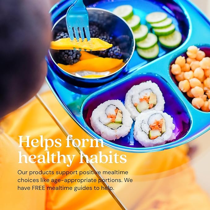 Ahimsa Stainless Steel Kids Plate, Pediatrician Designed Divided Toddler & Baby Plates, Non Toxic, Unbreakable & Dishwasher Safe, Iridescent Blue