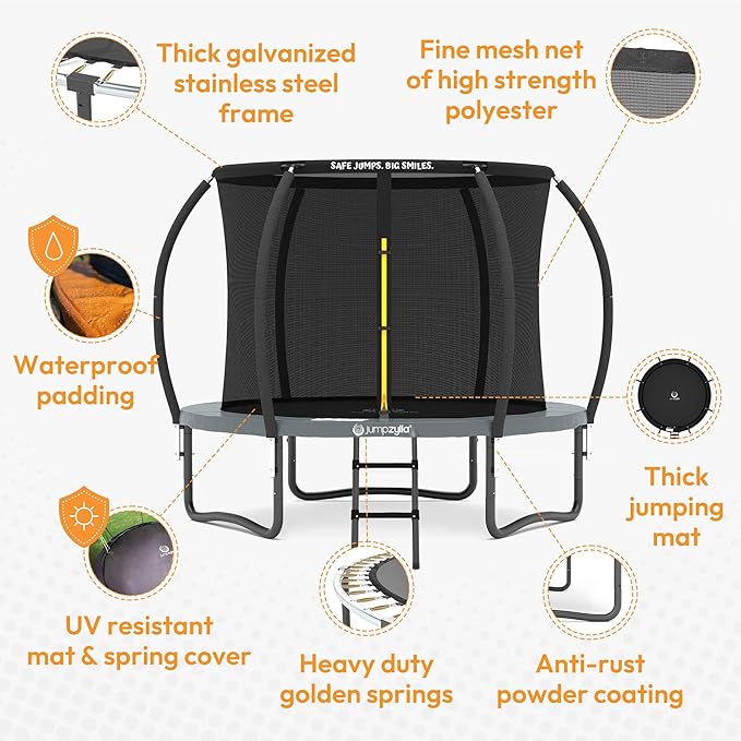 JUMPZYLLA Trampoline Outdoor 8FT 10FT 12FT 14FT 15FT 16FT with Enclosure and Ladder, ASTM Approved Recreational Trampoline for Kids and Adults, Anti-Rust Coated Frame