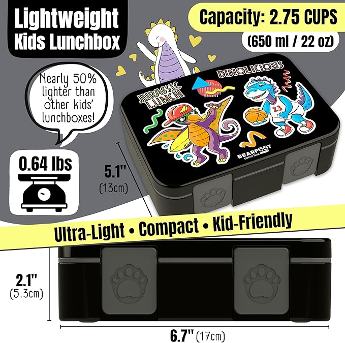 BEARFOOT Kids Lunch Box with Compartments – Compact & Lightweight | Leak-Proof, BPA-Free, Dishwasher & Microwave Safe | Hand-Drawn Design for Preschool, School, Travel (Dinos Black, 2.75 Cups)