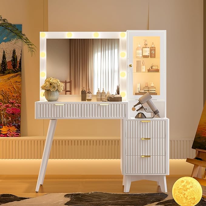 Makeup Vanity Desk with Mirror and Lights, 45" Fluted Wood Vanity Desk with Glass Top, 5 Drawers & RGB Glass Cabinet, Power Outlet, Mid Century Modern Dressing Table Set for Women Girls Bedroom
